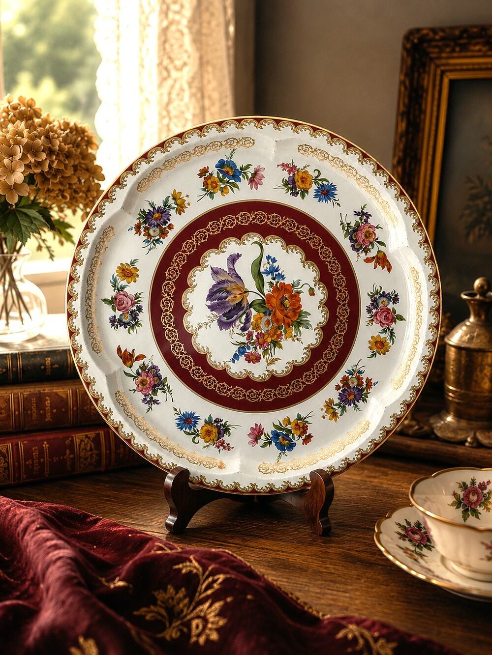 Vintage Daher Decorated Ware Floral Tin Tray 12” Round England Burgundy Gold
